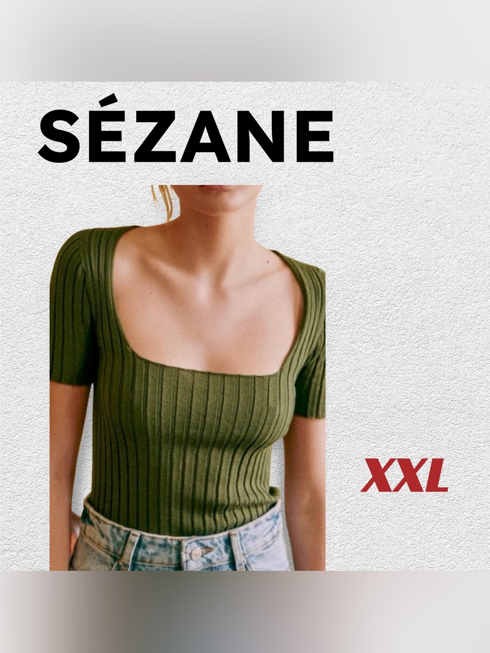 👍GUC SEZANE | XXL | Olive Remy Top - Scoop Neck Ribbed Knit Merino Sweater